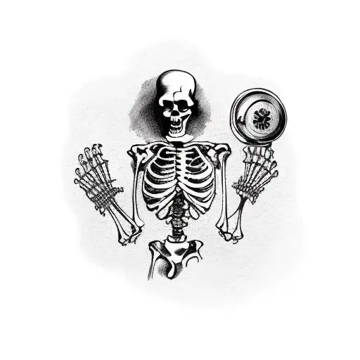 a skeleton cowboy coming out from a burbon barrel, holding a revolver and a burbon bottle  tattoo design idea