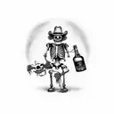 a scary skeleton cowboy coming halfway out from a burbon barrel, holding a revolver and a burbon bottle on the other han tattoo design idea