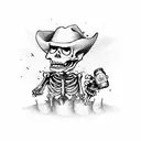 a scary skeleton cowboy coming halfway out from a burbon barrel, holding a revolver and a burbon bottle on the other han tattoo design idea