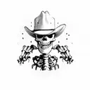 a scary skeleton cowboy coming halfway out from a burbon barrel, holding a revolver and a burbon bottle on the other han tattoo design idea
