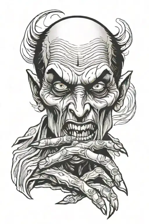 Vampire Face Looking Directly At Viewer With His Outstretched Hand Clawing Downwards Tearing Skin tattoo design idea