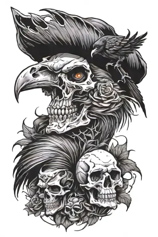 skull witch raven spider on the background tattoo design idea
