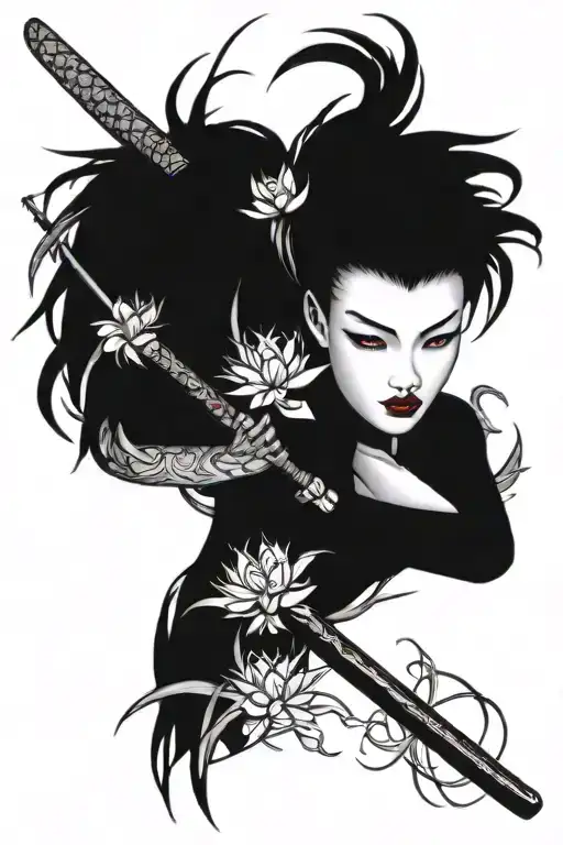 katana sticking in ground with vines and red spider lilies tattoo design idea
