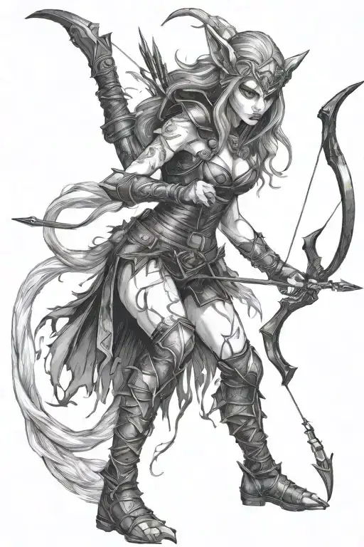 Female Demon Elf Ranger with bow and arrow, tight black leather outfit, fighting a werewolf  tattoo design idea