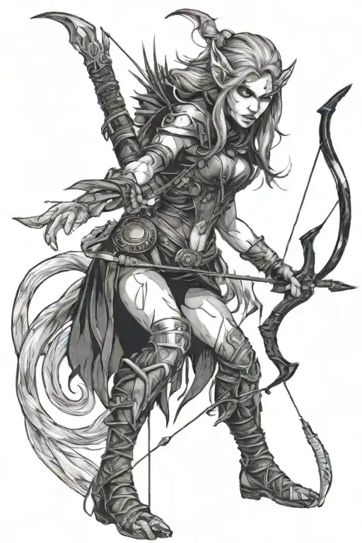 Female Demon Elf Ranger with bow and arrow, tight black leather outfit, fighting a werewolf  tattoo design idea