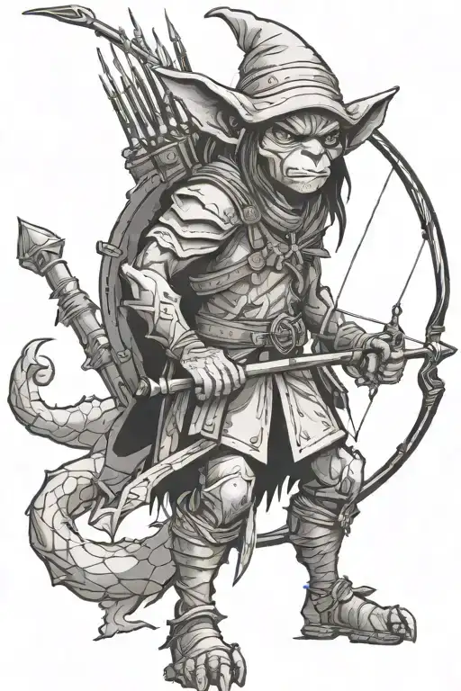 Goblin Ranger with bow and arrow and sword tattoo design idea