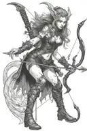 Female Demon Elf Ranger with bow and arrow, tight black leather outfit, fighting a werewolf  tattoo design idea