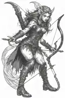 Female Demon Elf Ranger with bow and arrow, tight black leather outfit, fighting a werewolf  tattoo design idea