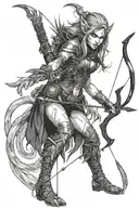 Female Demon Elf Ranger with bow and arrow, tight black leather outfit, fighting a werewolf  tattoo design idea