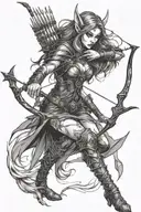 Female Demon Elf Ranger with bow and arrow, tight black leather outfit, fighting a werewolf  tattoo design idea