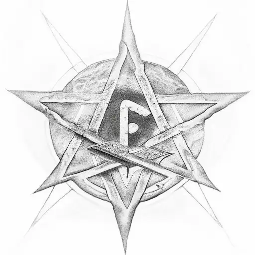 stone floor with a pentagram drawn in blood with a sword driven into the stone in the center of the pentagram tattoo design idea