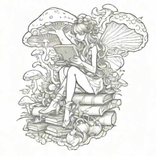 fairy surrounded by mushroom garden scene with books tattoo design idea