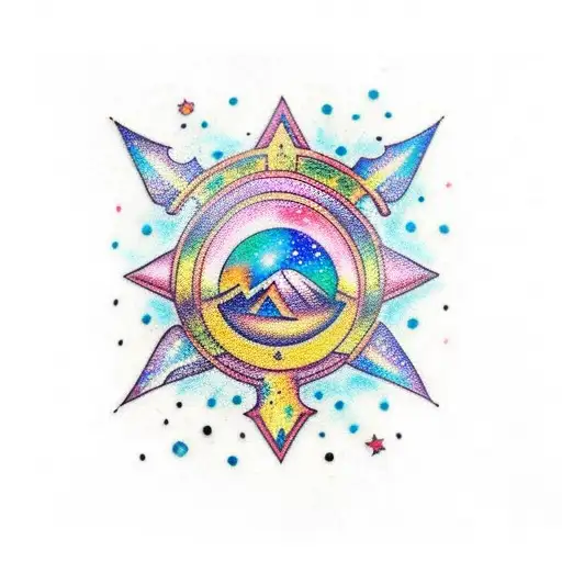 A traditional tattoo of a colorful galaxy with Egyptian hieroglyphics incorporated into the design tattoo design idea