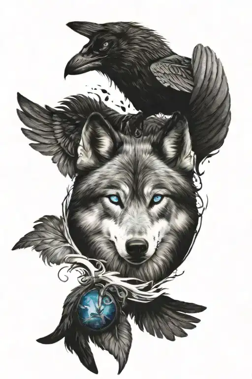blue eyed wolf with raven flying underneath its paws tattoo design idea