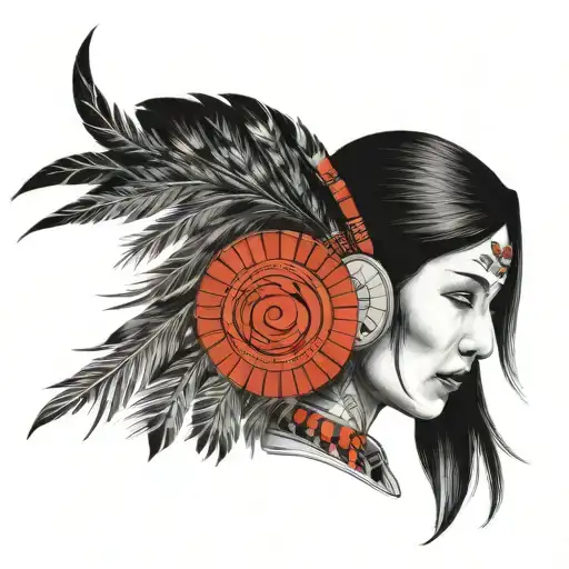 NAVAJO CIRL WITH HEAD REST. FEATHERS EXTENDING UP THE NECK  tattoo design idea