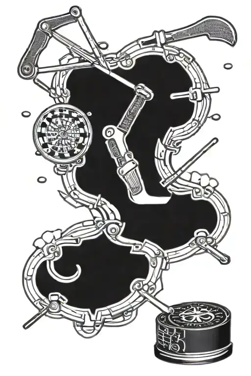ice hockey sticks, fishing rods , roulette wheel tattoo design idea
