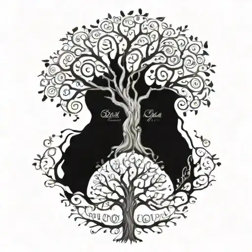 A tattoo design featuring a symbolic representation of a family tree with the names of your two kids, Charlotte and Oliver, and their birthdates incorporated into the branches and roots tattoo design idea