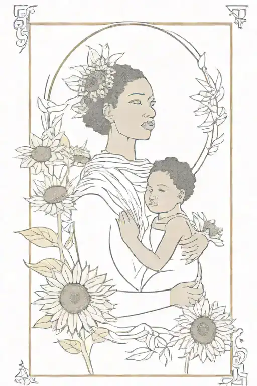  sunflowers the number 444 and the Empress tarot card with an African-American woman and child on the card. no cokot tattoo design idea