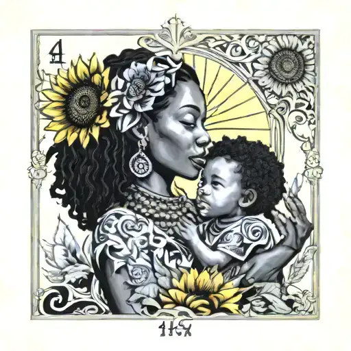  sunflowers the number 444 and the Empress tarot card with an African-American woman and child on the card tattoo design idea
