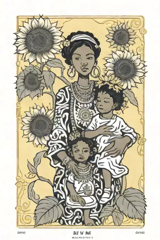  sunflowers the number 444 and the Empress tarot card with an African-American woman and child on the card tattoo design idea