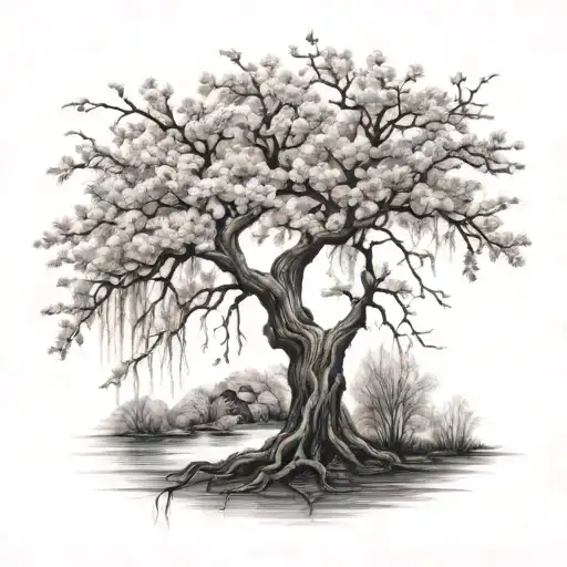 A tattoo featuring an intricate willow tree and cherry blossom tree tattoo design idea