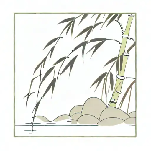 A graceful bamboo stalk bending resiliently over a cascading waterfall,the water resembling japanese calligraphy strokes tattoo design idea