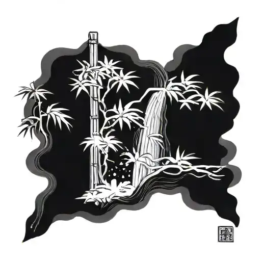 A graceful bamboo stalk bending resiliently over a cascading waterfall,the water resembling japanese calligraphy strokes tattoo design idea