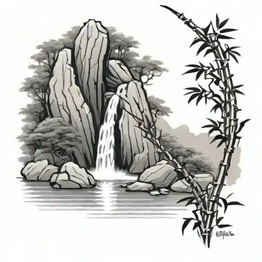 A graceful bamboo stalk bending resiliently over a cascading waterfall,the water resembling japanese calligraphy strokes tattoo design idea