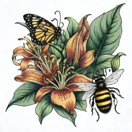tiger lily flower,dogwood tree bloom, bumble bee flying tattoo design idea