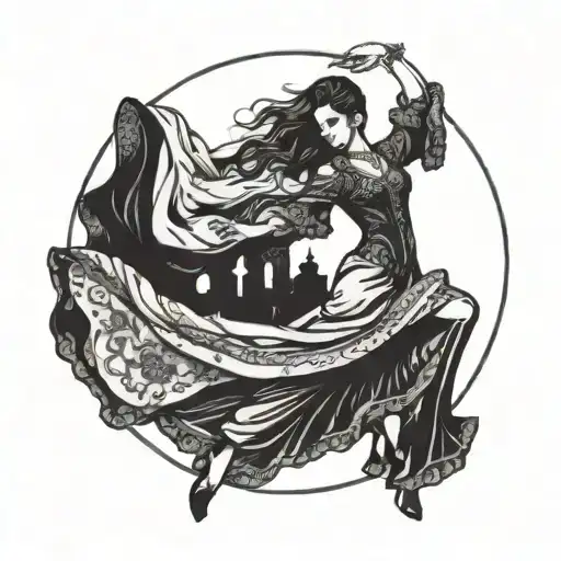A mystical scene of a woman dancing under the moonlight in a Spanish flamenco dress tattoo design idea