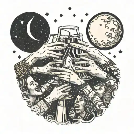 A group of friends raising glasses in a toast with the moon and stars in the background tattoo design idea
