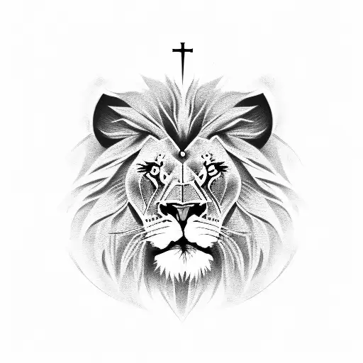 face of lion with 3 crosses on bottom tattoo design idea