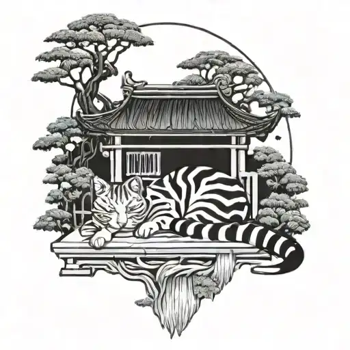 A cat sleeping Japanese shrine garden scene tattoo design idea
