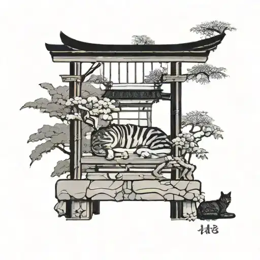 A cat sleeping Japanese torii garden scene featuring tattoo design idea