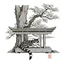 A cat sleeping Japanese torii garden scene featuring tattoo design idea