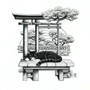 A cat sleeping Japanese torii garden scene featuring tattoo design idea