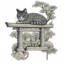 A cat sleeping Japanese torii garden scene featuring tattoo design idea