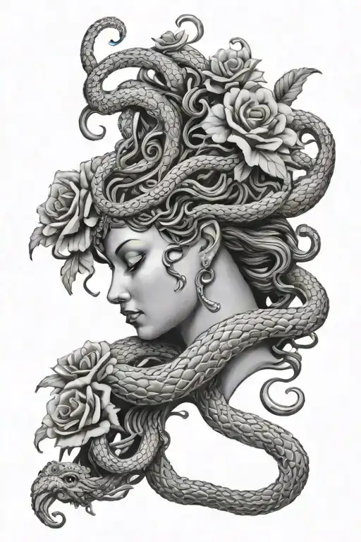 Medusa head profile with snakes and flowers tattoo design idea