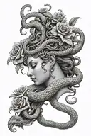 Medusa head profile with snakes and flowers tattoo design idea