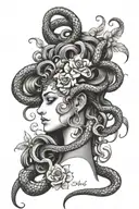 Medusa head profile with snakes and flowers tattoo design idea