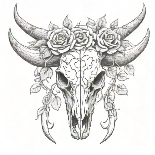 bull skull with roses and vines growing hard lines and mild shading  tattoo design idea