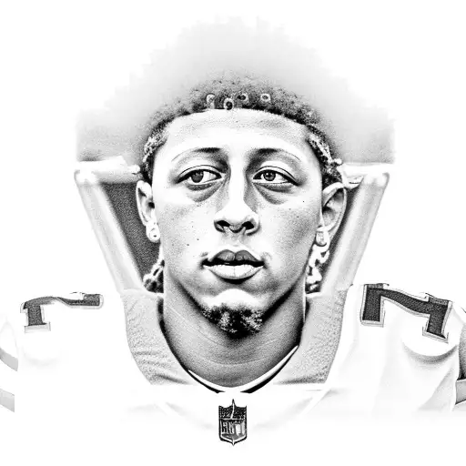A black and grey portrait of Patrick Mahomes, the star quarterback of the Kansas City Chiefs tattoo design idea