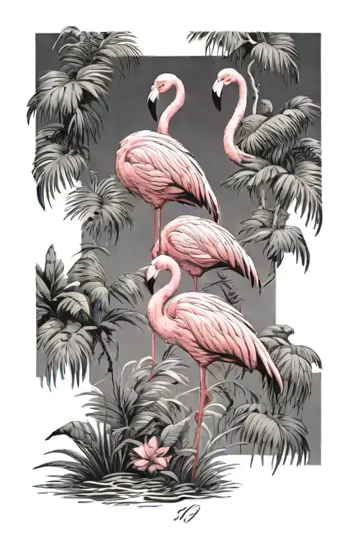 flamingo standing straight up, tall, skinny, fluffy, one leg slightly bent tattoo design idea