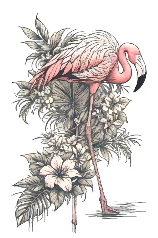 flamingo standing, tall, skinny, fluffy, one leg slightly bent, flowers blooming from midsection  tattoo design idea