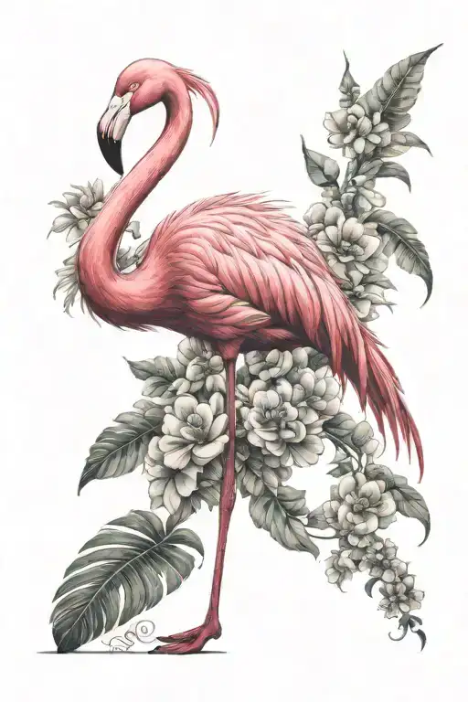 flamingo standing, tall, skinny, fluffy, with body made out of flowers blooming tattoo design idea