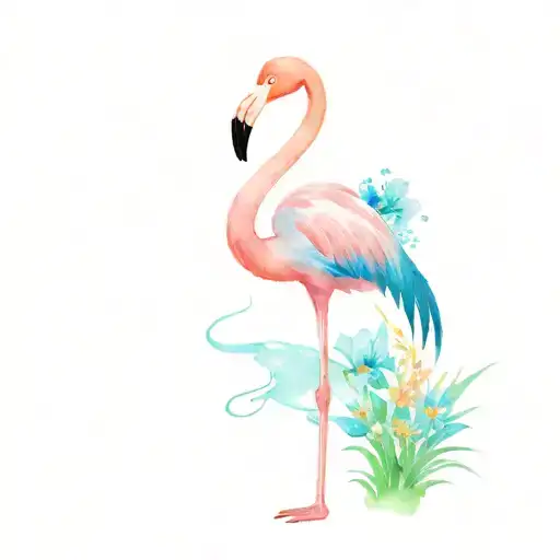 flamingo standing, tall, skinny, fluffy, with body made out of flowers blooming tattoo design idea