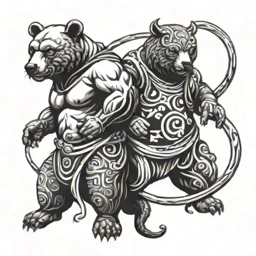 "0,375" , "what is the deal...?" , yin yang şeklinde Bear and Bull images. old school style, Roman Empire tattoo style,  tattoo design idea