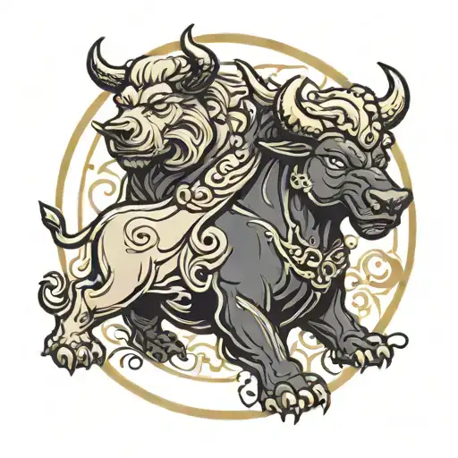 "0,375" , "what is the deal...?" , yin yang Bear and Bull images. old school style, Roman Empire tattoo style,  tattoo design idea