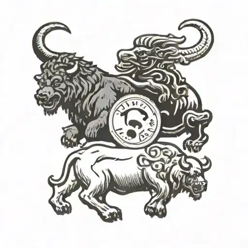 "0,375" text , "what is the deal...?" text, yin yang Bear and Bull images. old school style, Roman Empire tattoo style,  tattoo design idea