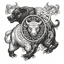 "0,375" , "what is the deal...?" , yin yang şeklinde Bear and Bull images. old school style, Roman Empire tattoo style,  tattoo design idea